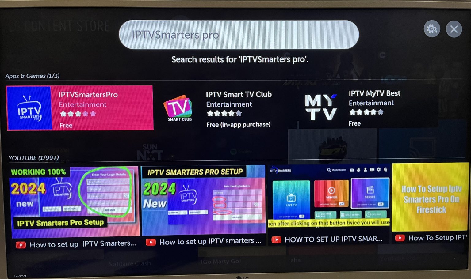 LG Content Store showing IPTV Smarters Pro download page