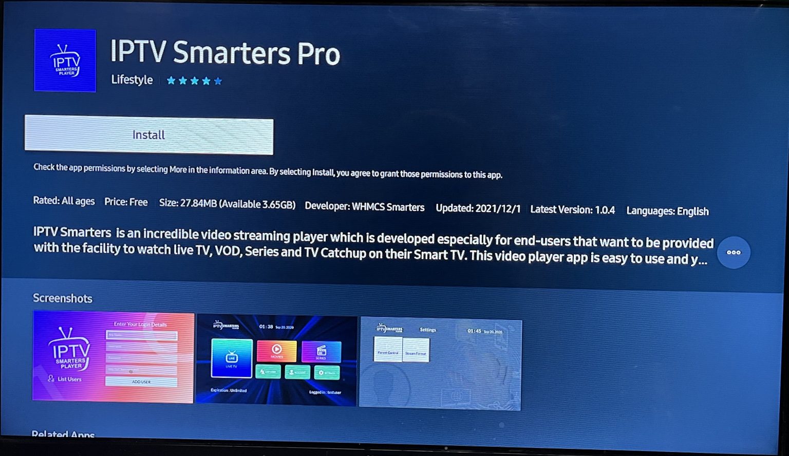 IPTV Smarters Pro login screen on Samsung TV